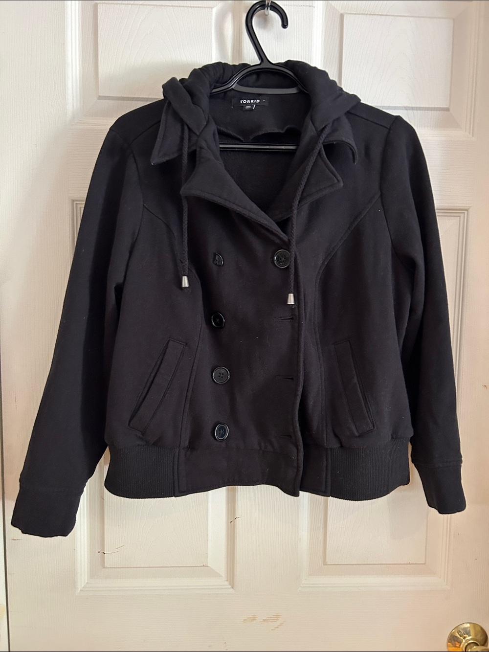 torrid Black Hooded Double-Breasted Bomber Jacket with Ribbed Hem Size 00=10